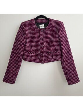 ZARA Pink Houndstooth Cropped Fitted Tweed Jacket Size M